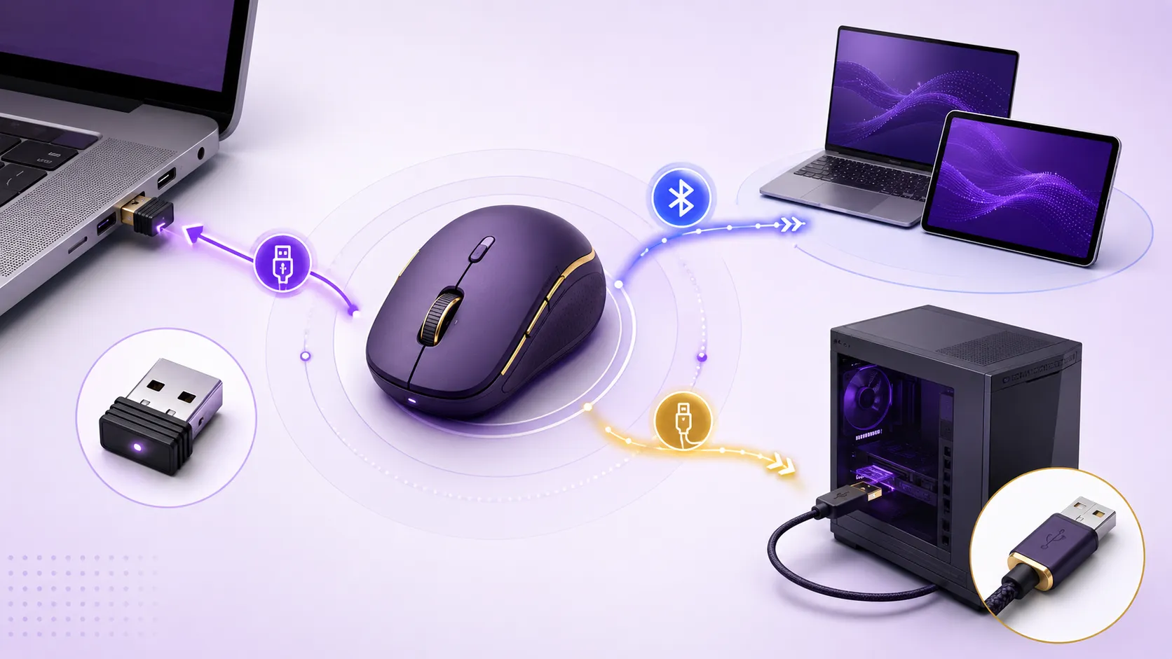 روش&zwnj;های اتصال ماوس با دانگل USB، بلوتوث و کابل
